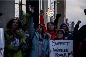 Members of the Alphabet Workers Union hold a rally outside a Google office in February.
Ed Jones/AFP/Getty Images